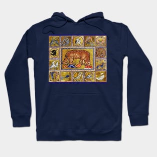 MEDIEVAL BESTIARY,BEAR, FANTASTIC ANIMALS IN GOLD RED BLUE COLORS Hoodie